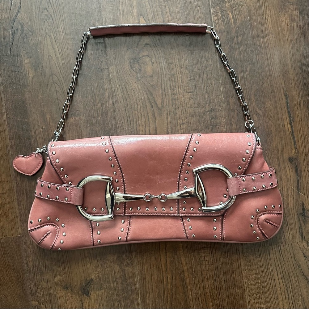 Pink Leather Shoulder Bag with Chain Strap and Silver Hardware